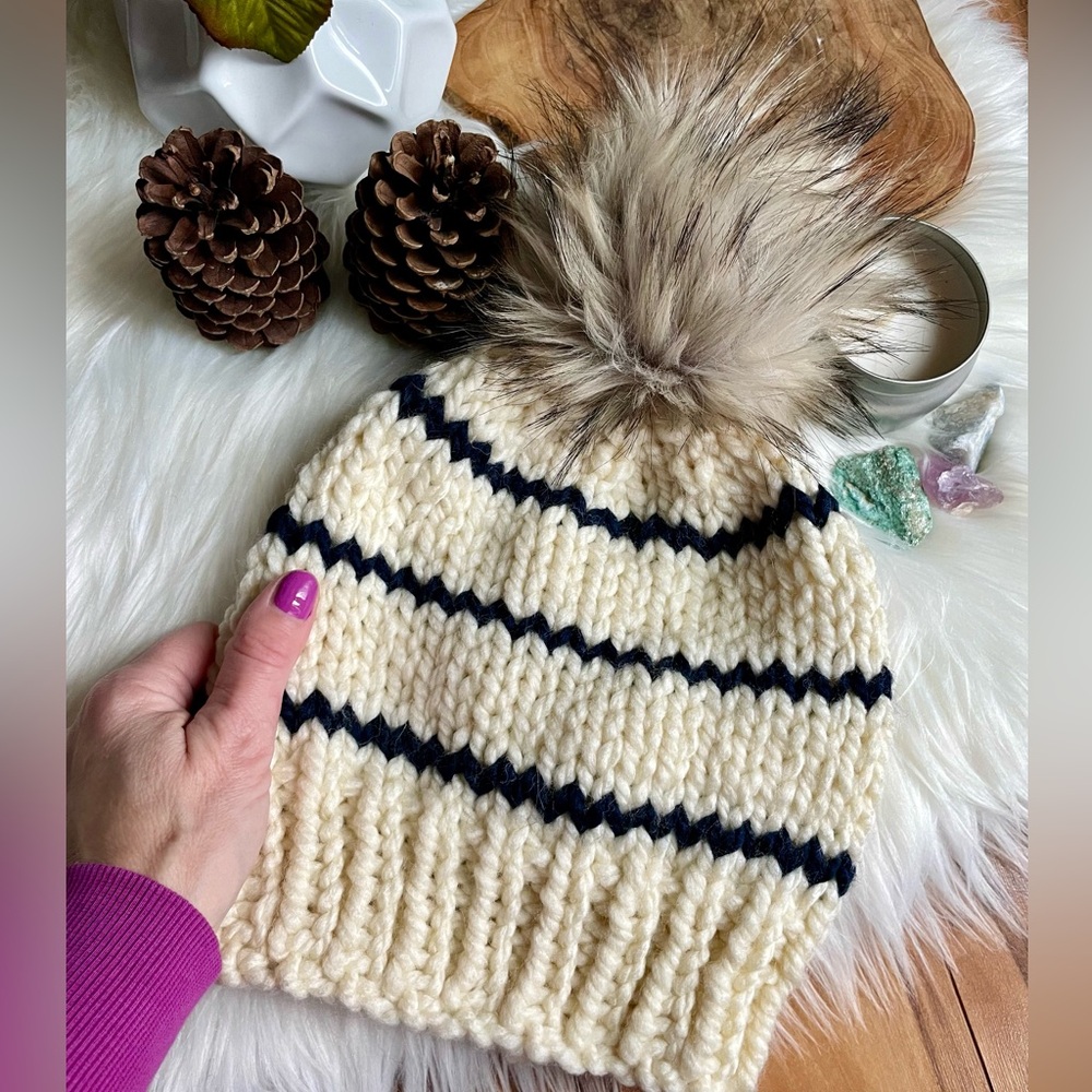 Cozy Cream and Navy Knit Pom-Pom Beanie women’s